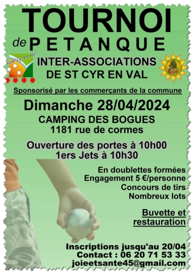 28/04/2024 : Tournoi pétanque inter-associations de St Cyr en Val - association joie et santé